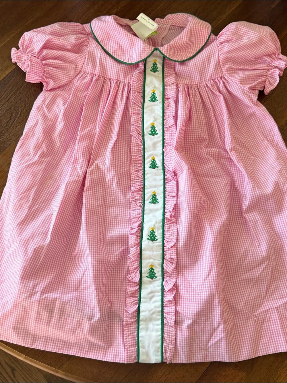 Pink Gingham Nightgown for Kids with Green Tree Trim
